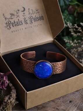 Hammered Copper Cuff Bracelet Blue Statement Jewelry Artisan Boho